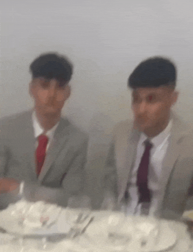 two men in suits and ties sit at a table with plates and glasses .