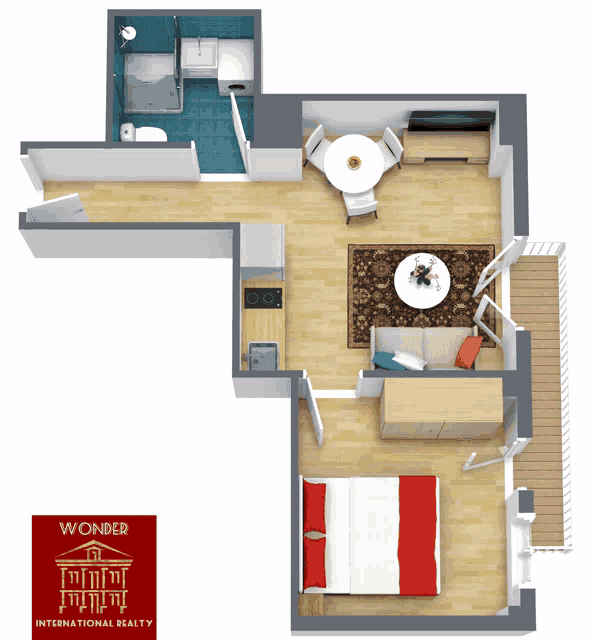 a floor plan of a small apartment with a wonder international realty logo on the bottom