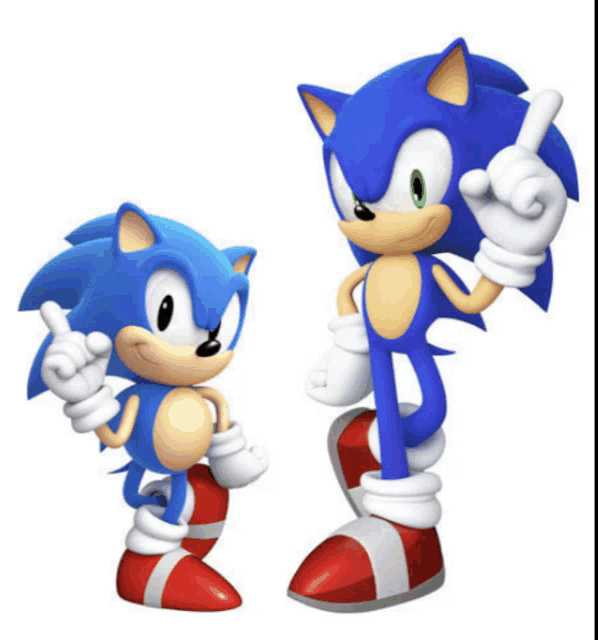 two sonic the hedgehog characters standing next to each other with one pointing up