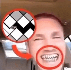 a man is taking a selfie in a car with a circle around his mouth and a circle around his face .