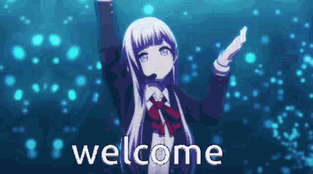 a girl in a school uniform is holding her arms in the air and the words welcome are behind her