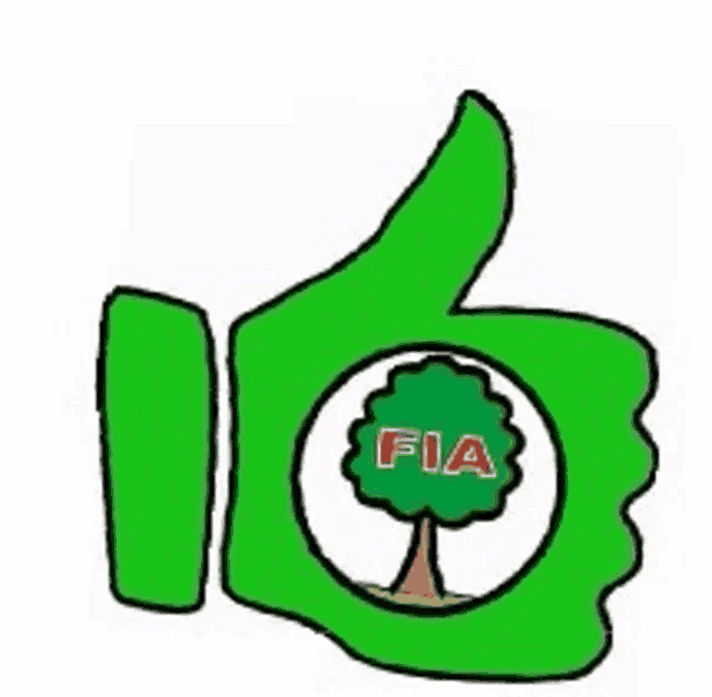 a green thumbs up with a tree in the middle and the word fia on it .