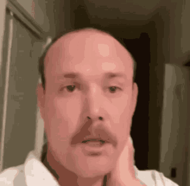 a bald man with a mustache is holding his hand to his face and looking at the camera .