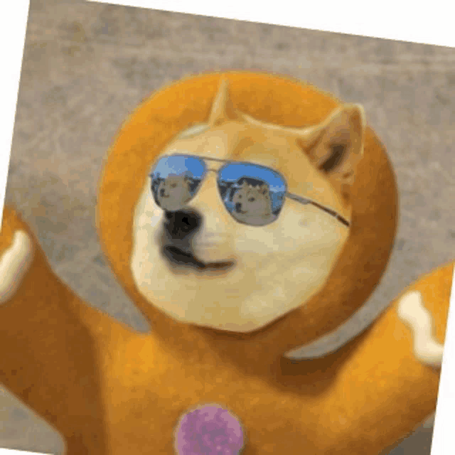 a doge wearing sunglasses and a gingerbread man costume .