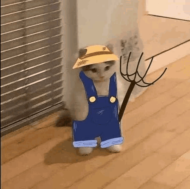 a cat wearing overalls , a hat and a pitchfork .