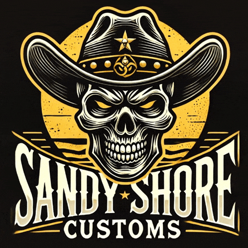 a logo for sandy shore customs with a cowboy skull