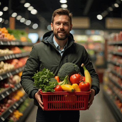 a man is holding a basket full of vegetables