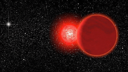 an artist 's impression of a red star and a red planet in a galaxy .