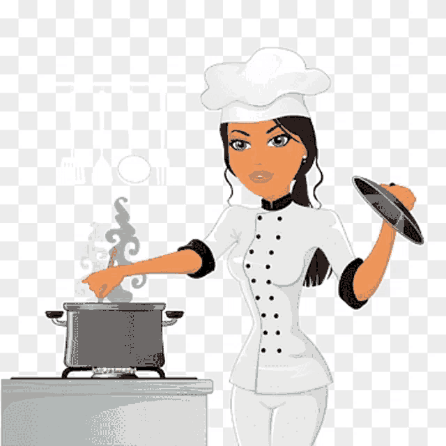 a woman in a chef 's hat is stirring a pot