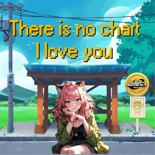 a picture of a girl sitting at a bus stop with the words " there is no chart i love you " above her