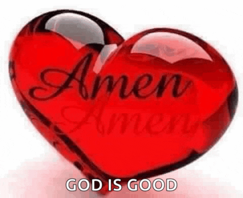 a red heart with the words `` amen '' written on it .