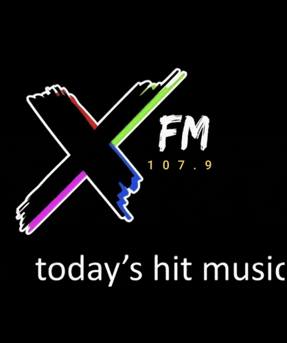 a colorful logo for x fm 107.9 that says today 's hit music