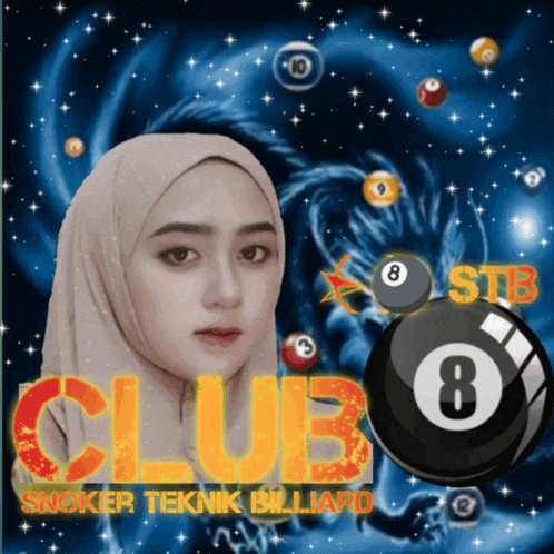 a woman in a hijab stands in front of a pool ball and the words club snoker teknik billiard