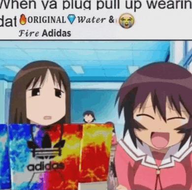 two anime girls are standing next to each other holding a pair of fire adidas shoes .