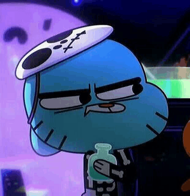 gumball from the amazing world of gumball is wearing a hat and holding a bottle of liquid .