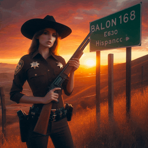 a woman in a sheriff 's uniform is holding a shotgun in front of a sign for balon 168