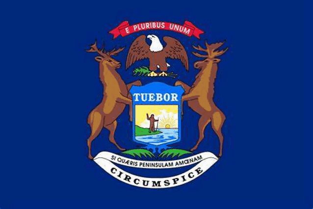 the flag of michigan is a blue flag with two deer and an eagle .