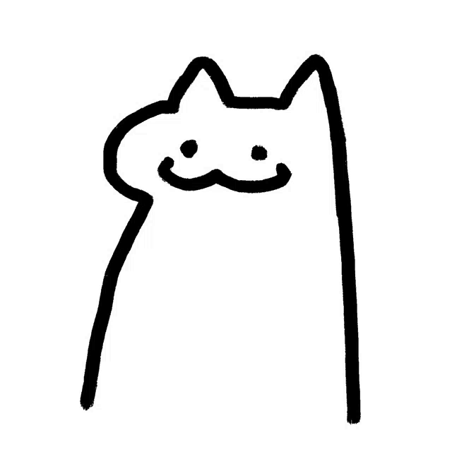 a black and white line drawing of a cat with a smile on its face