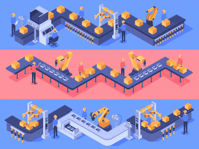 an isometric illustration of a conveyor belt with boxes going down it