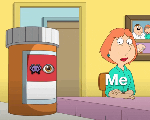 a cartoon of lois griffin sitting at a table next to a bottle that says " me "