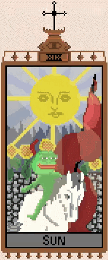 a pixel art of the sun tarot card with a frog on it