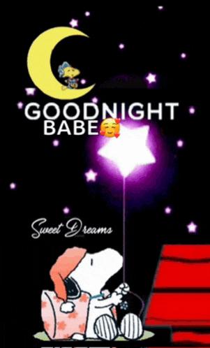 snoopy is holding a star and says goodnight babe