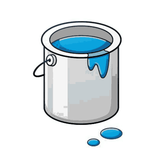 a cartoon illustration of a bucket of paint with blue paint dripping out of it .