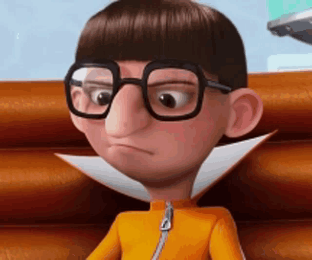 a cartoon character wearing glasses and an orange shirt