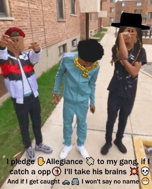 a group of young men are standing on a sidewalk and one of them is wearing a black hat .