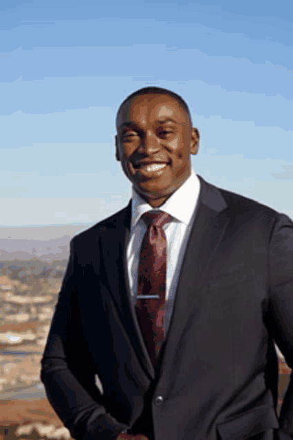 a man in a suit and tie is smiling and looking at the camera