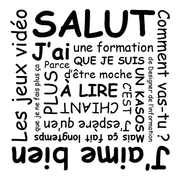 the word salut is surrounded by other words such as les jeux video