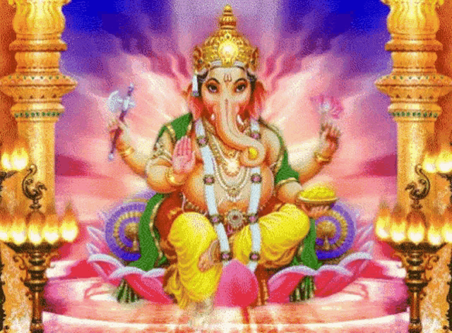 a painting of ganesha sitting on a lotus flower with a bowl of food