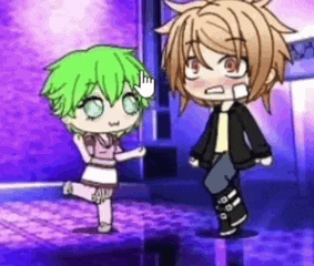 a boy and a girl are standing next to each other . the girl has green hair and the boy has brown hair .