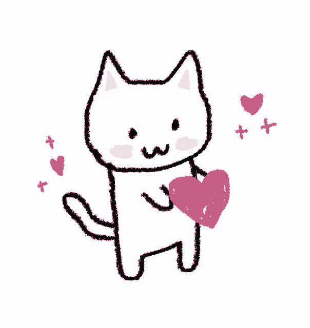 a drawing of a cat holding a pink heart with hearts surrounding it