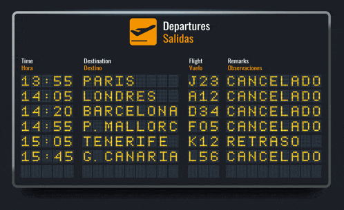 a departures board shows departures from paris londones and tenerife