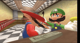 a cartoon of mario and luigi in a room with a checkered floor