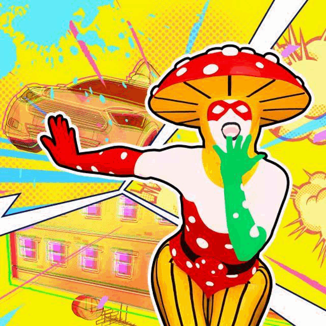 a woman in a mushroom costume is standing in front of a building .