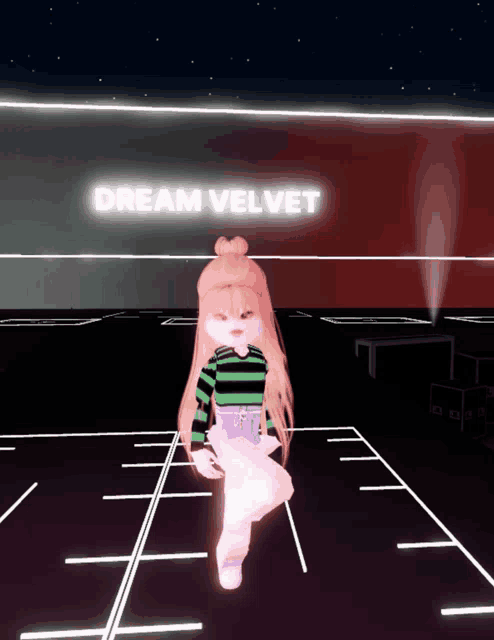 a girl standing in front of a dream velvet sign