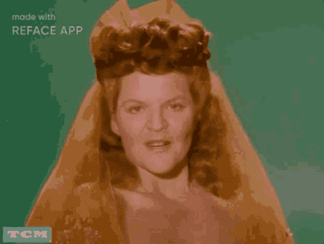 a woman with a yellow veil on her head is made with reface app by tcm