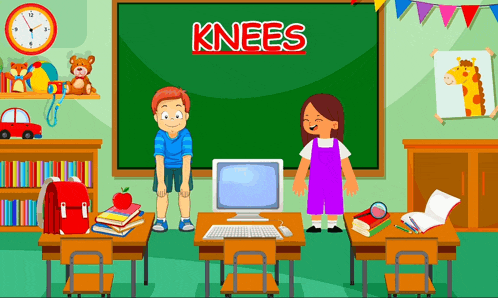 a boy and a girl are standing in front of a blackboard that says knees on it