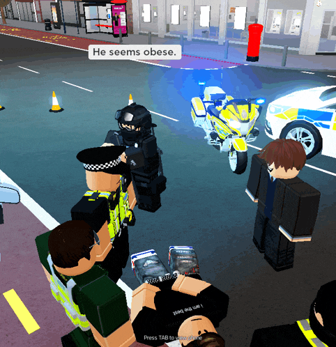 a screenshot of a video game where a police officer says " he seems obese "