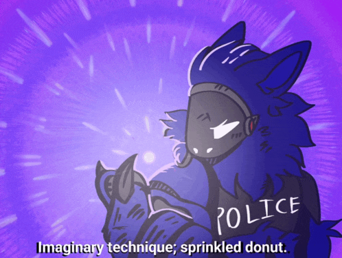 a cartoon drawing of a wolf with the words police imaginary technique sprinkled donut