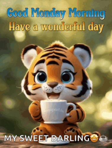 a cartoon tiger is holding a cup of coffee and says " good monday morning have a wonderful day my sweet darling "