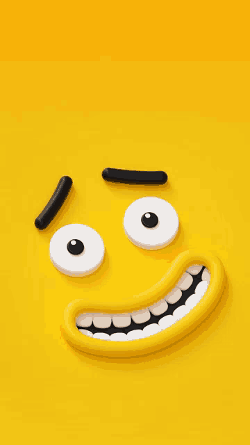 a yellow smiley face with white teeth and black eyebrows on a yellow background