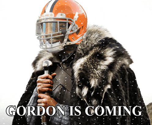 gordon is coming is written on a picture of a football player in a fur coat