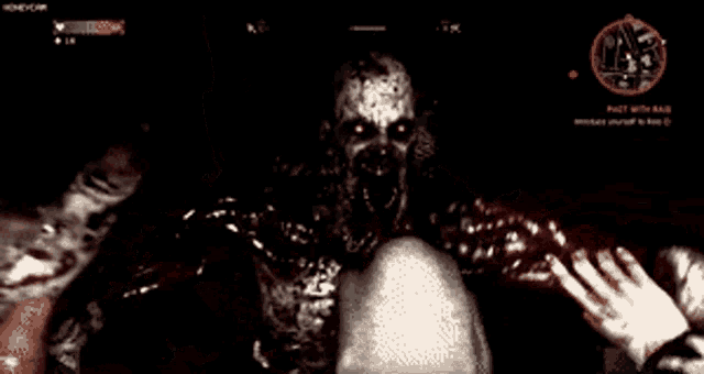 a screenshot of a video game shows a zombie with blood on his face