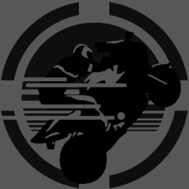 a silhouette of a person riding a motorcycle in a black and white circle