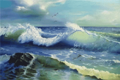 a painting of waves crashing on the shore