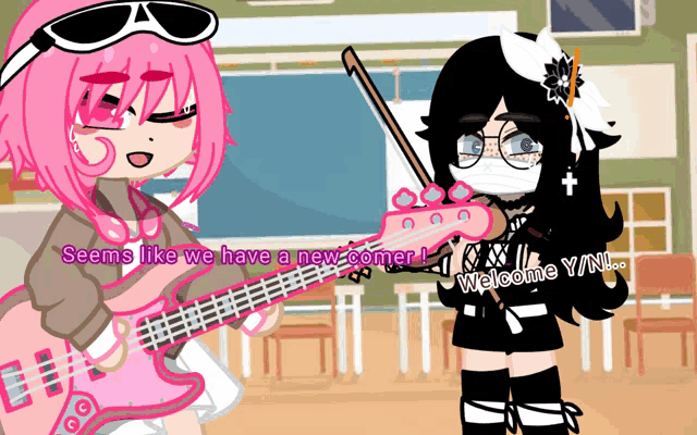 a cartoon of a girl playing a guitar and another girl playing a violin