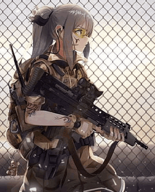 a girl in a military uniform is holding a rifle behind a chain link fence .